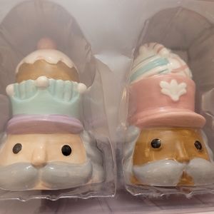 Pastel pink, white, and blue Peppermint & Pine salt and pepper shakers